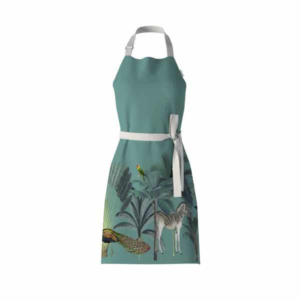 Darwin's Menagerie Green Bib Apron features the Mustard and Gray exotic print, including a peacock, zebra, leopard and palm trees