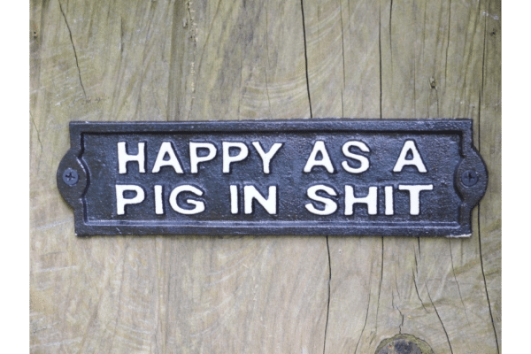 Antique Black Cast Iron Wall Garden Garage Gate Door Sign Plaque Happy As Pig Shit from HPNK Limited Our Cast Iron Sign 'Happy As Pig Shit' is crafted with meticulous attention to detail and an unwavering commitment to quality. Made from durable cast iron, this sign is designed to withstand the test of time. Whether you choose to display it indoors or outdoors, rest assured that it will retain its charm and character for years to come.