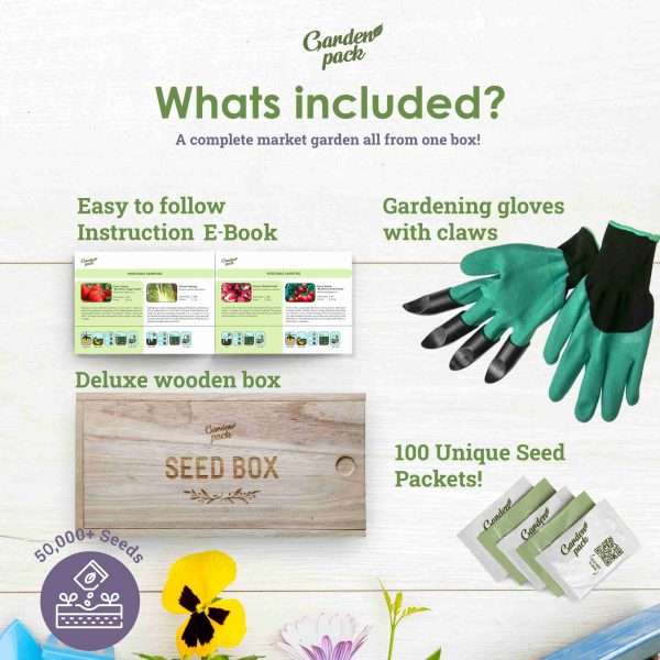 Whats included Edited scaled <strong>What's included:</strong> <ul> <li>65 different vegetable plants, 15 types of herb plants and 20 varieties of flowers, you’ll receive over 45,000 seeds in total!</li> <li>Packaged in a deluxe wooden box;</li> <li>Gardening gloves and claws;</li> <li>Easy to follow growing guide;</li> </ul> <strong>OUR BEST VALUE GARDENING KIT</strong> to save money, reduce your carbon footprint & celebrate the natural powers of plants with your own vegetable plants & seeds.  