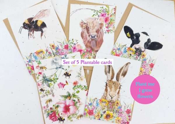 Plantable seed cards- note card set of 5 C6 cards with envelopes, 1 each of these designs- Bumblebee,Highland calf, Friesian cow,multi bee floral and hare. all on white backgrounds with floral accents. Made from seed paper that will grow wildflowers.