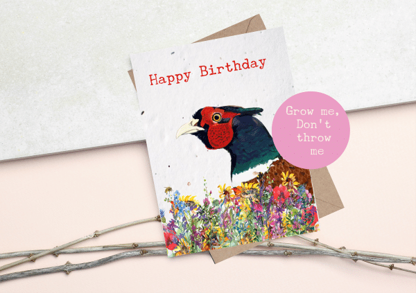 Plantable seed card with a pheasant illustration. A6 card with a c6 envelope made from plantable seed paper that grows wildflowers when planted.