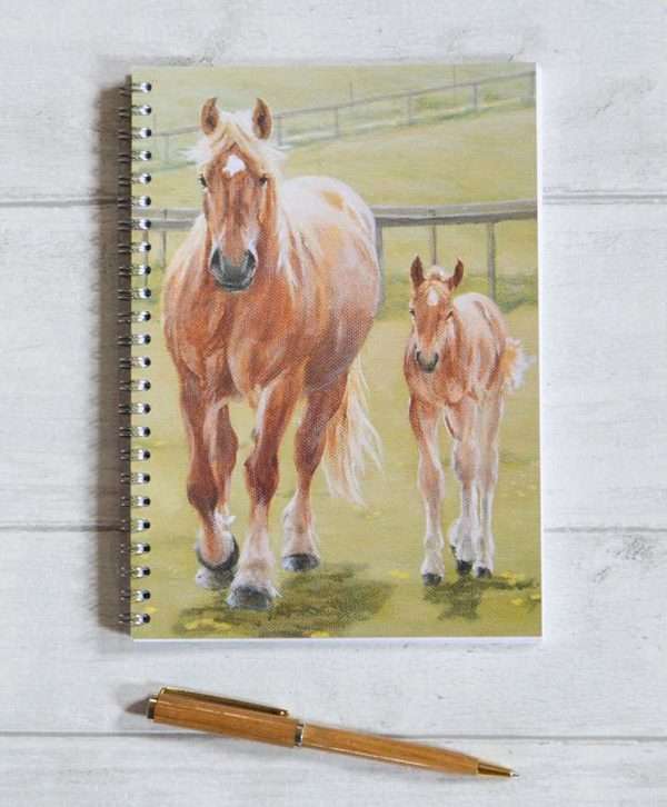 Suffolk Punch Horse Mare and Foal ambling along in the Spring sun art. Notebook
