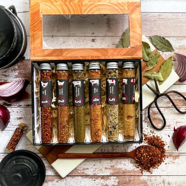 image00006 scaled <strong>This Butchers Block Spice Set is of Premium Quality and looks like a Butchers Block, beautifully presented.</strong>  The Glass tests tubes are larger in size and sealed with Aluminium lids, keeping the spices fresher for longer and sitting in straw with a magnetic sealed gift tray.  The perfect gift for the meat-eaters - a spice for every prime cut of meat. <strong>100% NATURAL GOODNESS</strong> No artificial flavourings and colourants. No added MSG or preservatives. Non-irradiated and non-GMO. <strong>Suitable for Vegans and Vegetarians.</strong> Delivery and packaging included in price to the UK.