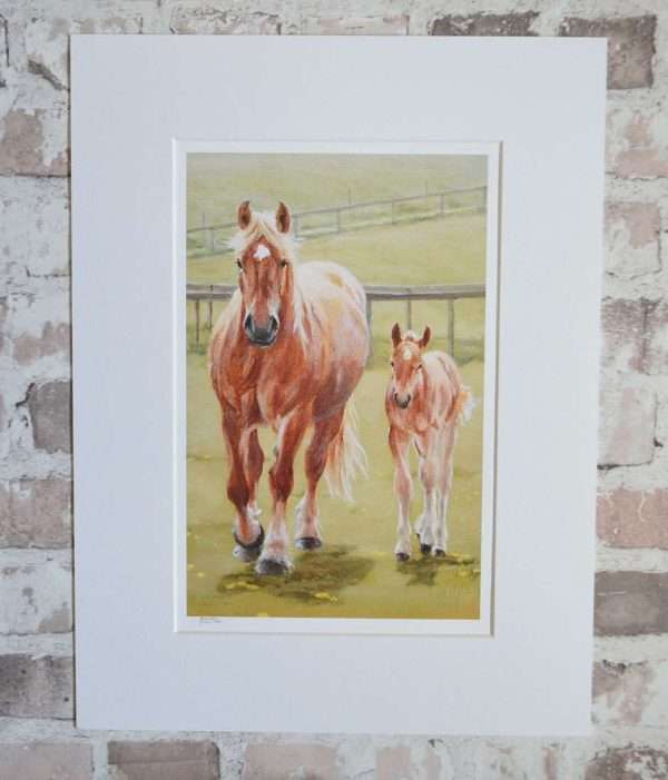 Print from my acrylic painting of a Suffolk Punch horse mare and foal walking towards us.