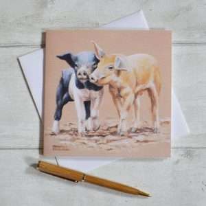 Playful Piglets art greetings card. Two piglets playing.