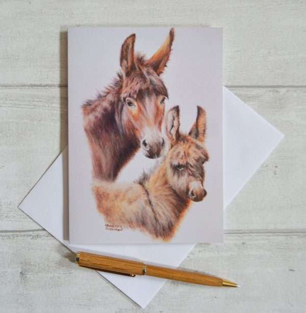 Donkey and foal art head studies on oblong blank greetings card