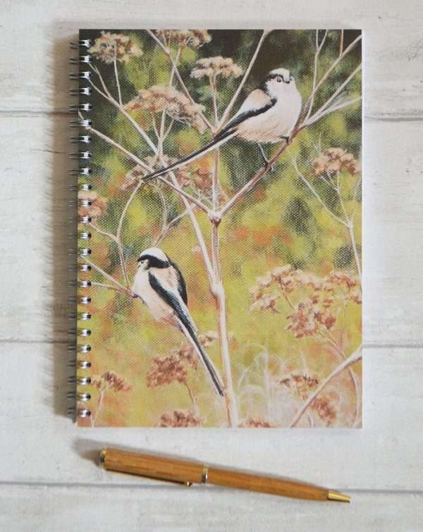 Ring bound A5 notebook with two long-tailed tit birds on the cover from my artwork.