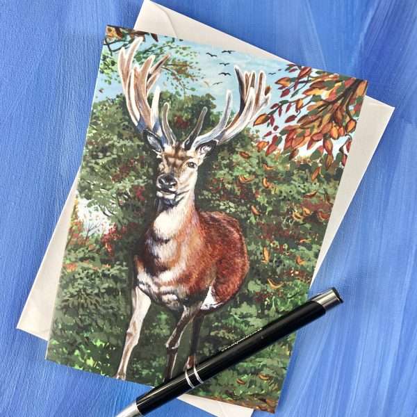 IMG 4584 scaled Red Stag. Quality printed blank card from original art by Marion Spencer.