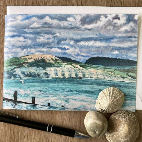 IMG 9536 scaled Quality printed blank card from an original acrylic painting of Spittles at Lyme regis, Dorset  by Marion Spencer.