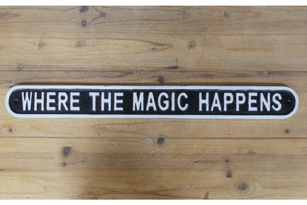 Where The Magic Happens Our Cast Iron 'Where The Magic Happens' sign is a beautiful blend of tradition and modernity. Crafted from high-quality cast iron, this sign is designed to last, just like the memories you create in your magical space. It's not just about durability; it's about creating an atmosphere that resonates with warmth, love, and magic.