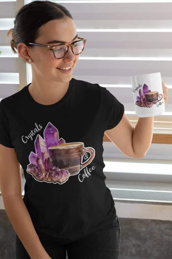 WhatsApp Image 2024 04 16 at 17.37.33 Introducing our latest addition to the wardrobe essentials - the Crystals and Coffee T-Shirt. This unique piece of clothing is not just a garment; it's a statement, a lifestyle, and a testament to your individuality. It's perfect for those who appreciate the mystical allure of crystals and the invigorating aroma of coffee. Our Crystals and Coffee T-Shirt is crafted from high-quality fabric that ensures durability and comfort. The material is soft, breathable, and lightweight, making it ideal for all-day wear. Whether you're heading out for a casual day out or lounging at home, this t-shirt promises to keep you comfortable.